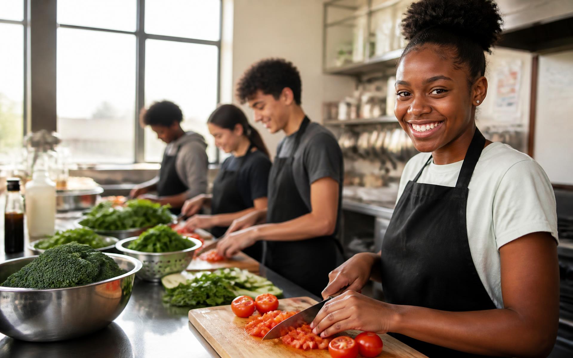 Young people learning to cook together at a Fresh Chef Foundation summer culinary camp