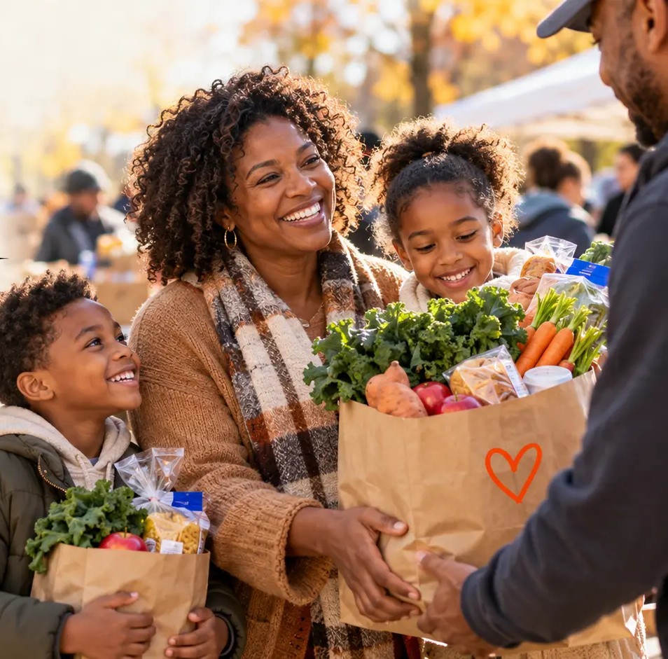 A mother and two children receiving fresh produce for Thanksgiving