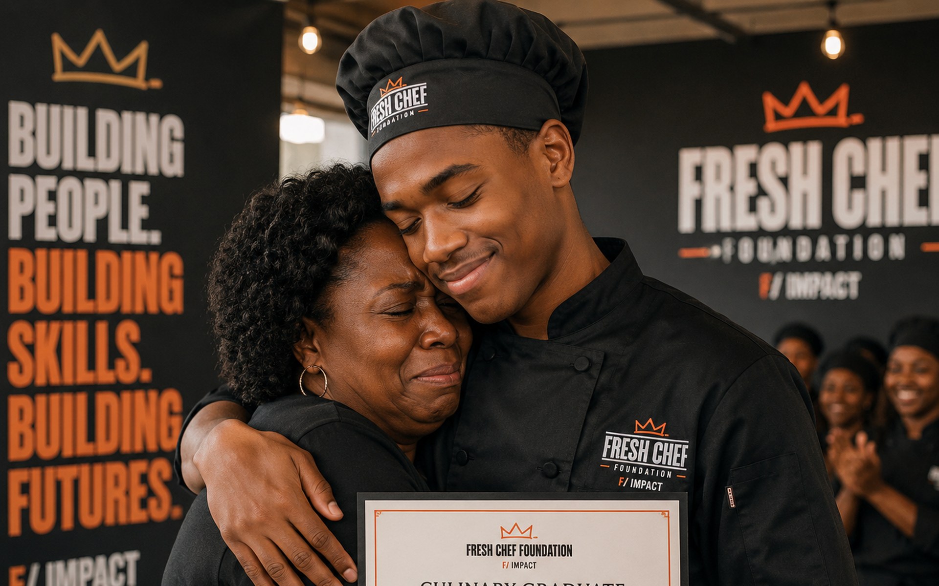 A mother embracing her son at his Fresh Chef Foundation culinary graduation