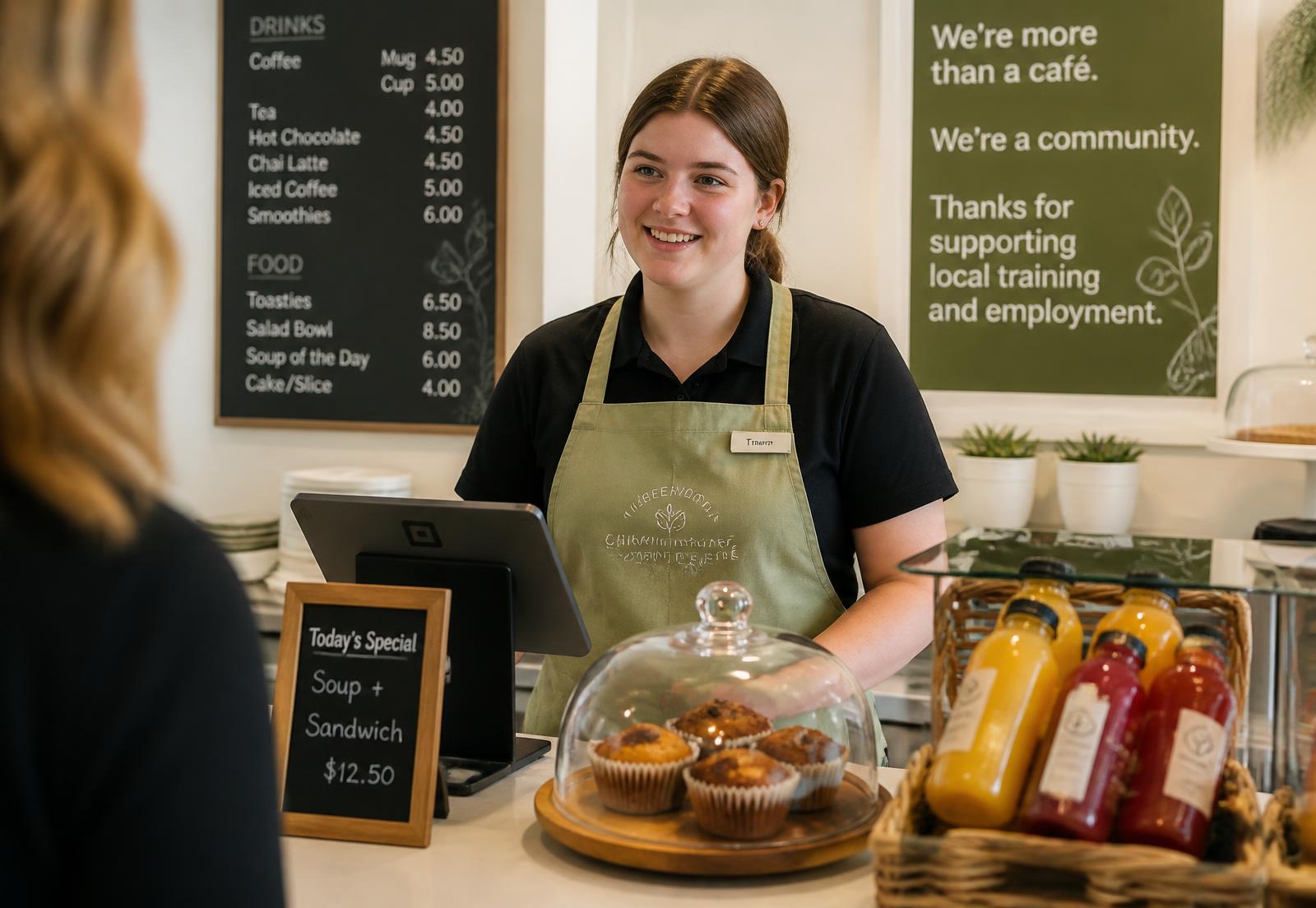A hospitality trainee serving a customer at a community café counter