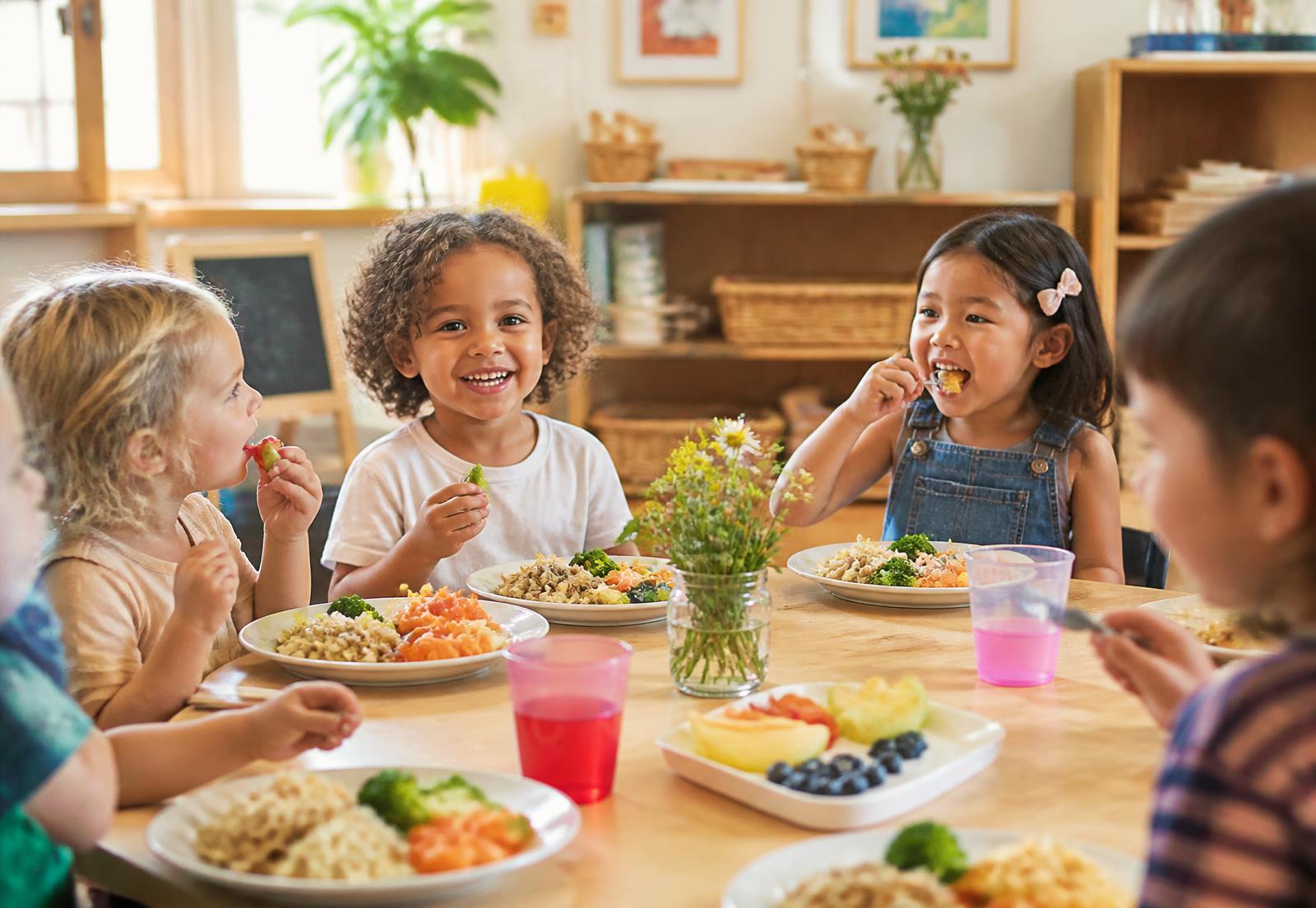 Children enjoying a colorful, freshly prepared meal together