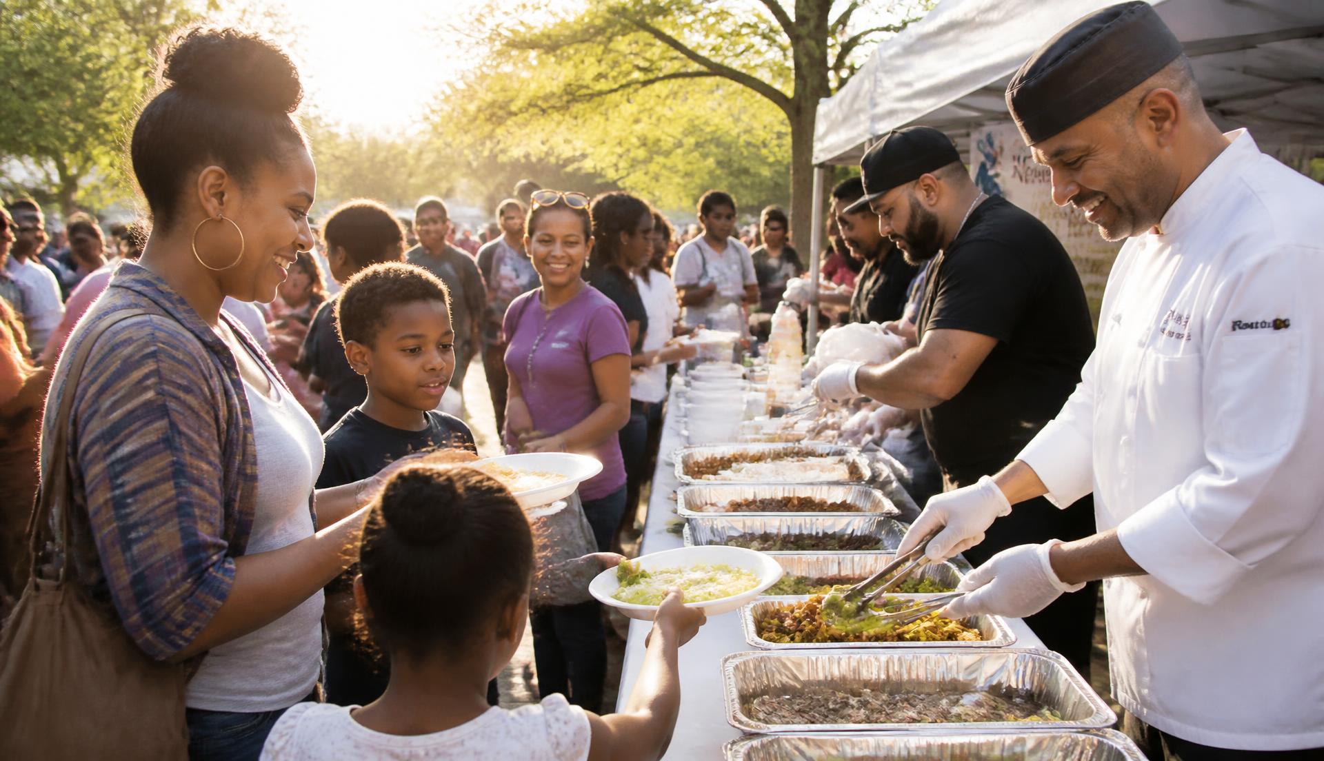 Chefs serving fresh food to families and children at a community event