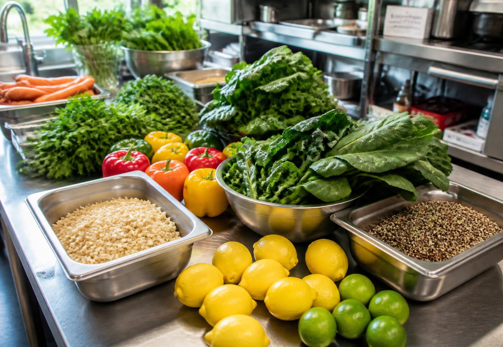 Fresh greens, peppers, citrus and whole grains prepared in a commercial kitchen