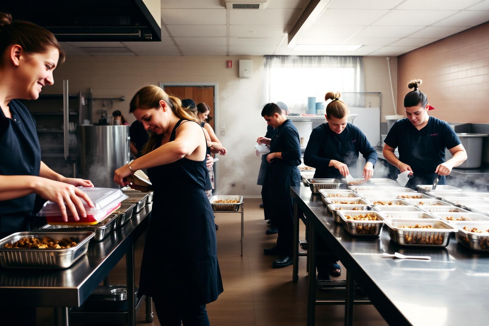 Volunteers packing hot prepared meals in a community kitchen