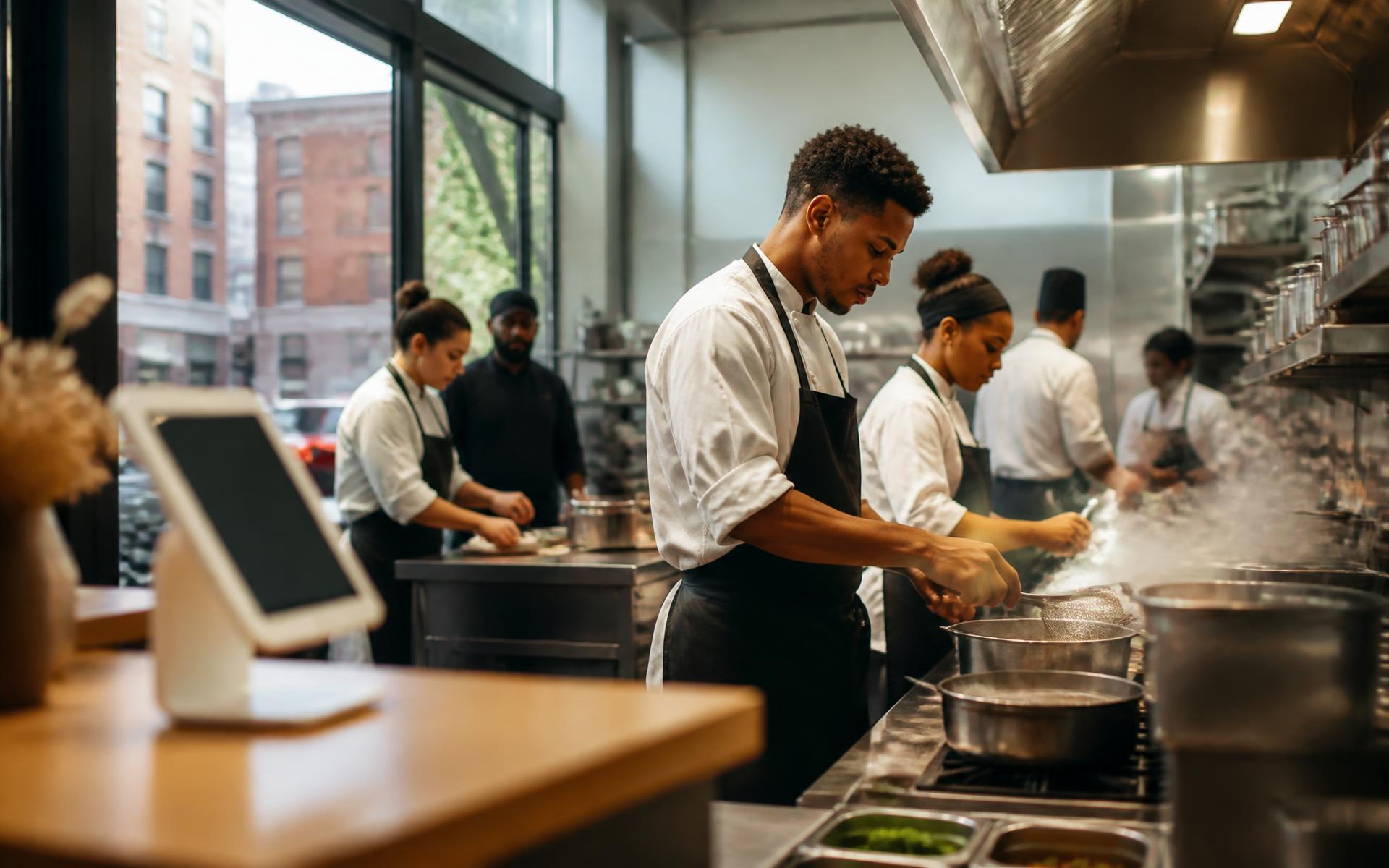 Culinary trainees cooking on the line inside the Fresh Gastro training kitchen and community café