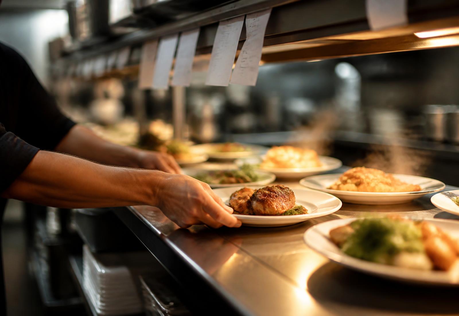 Plated food waiting under heat lamps at the service window with order tickets on the rail