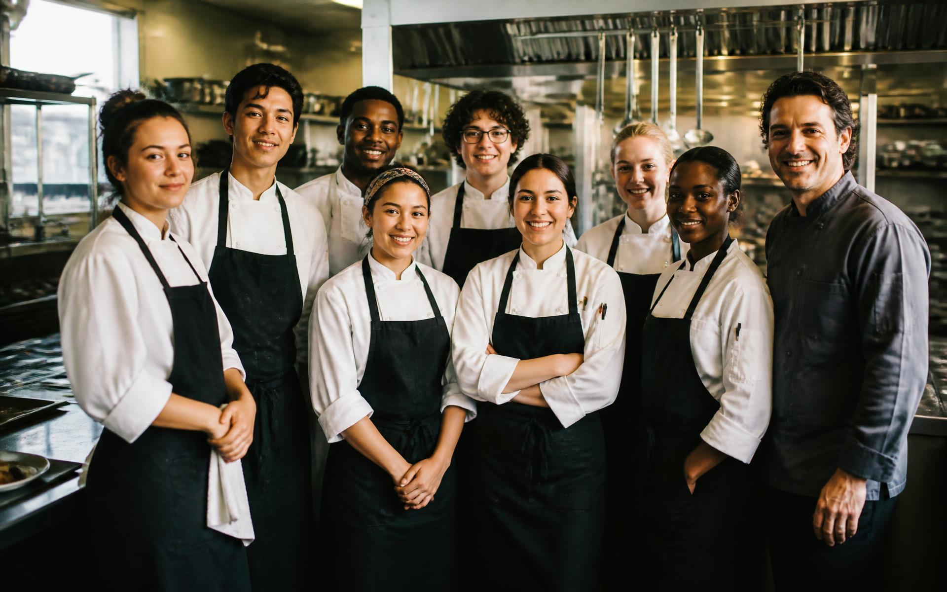 Fresh Gastro trainees and chef instructors standing together in the training kitchen