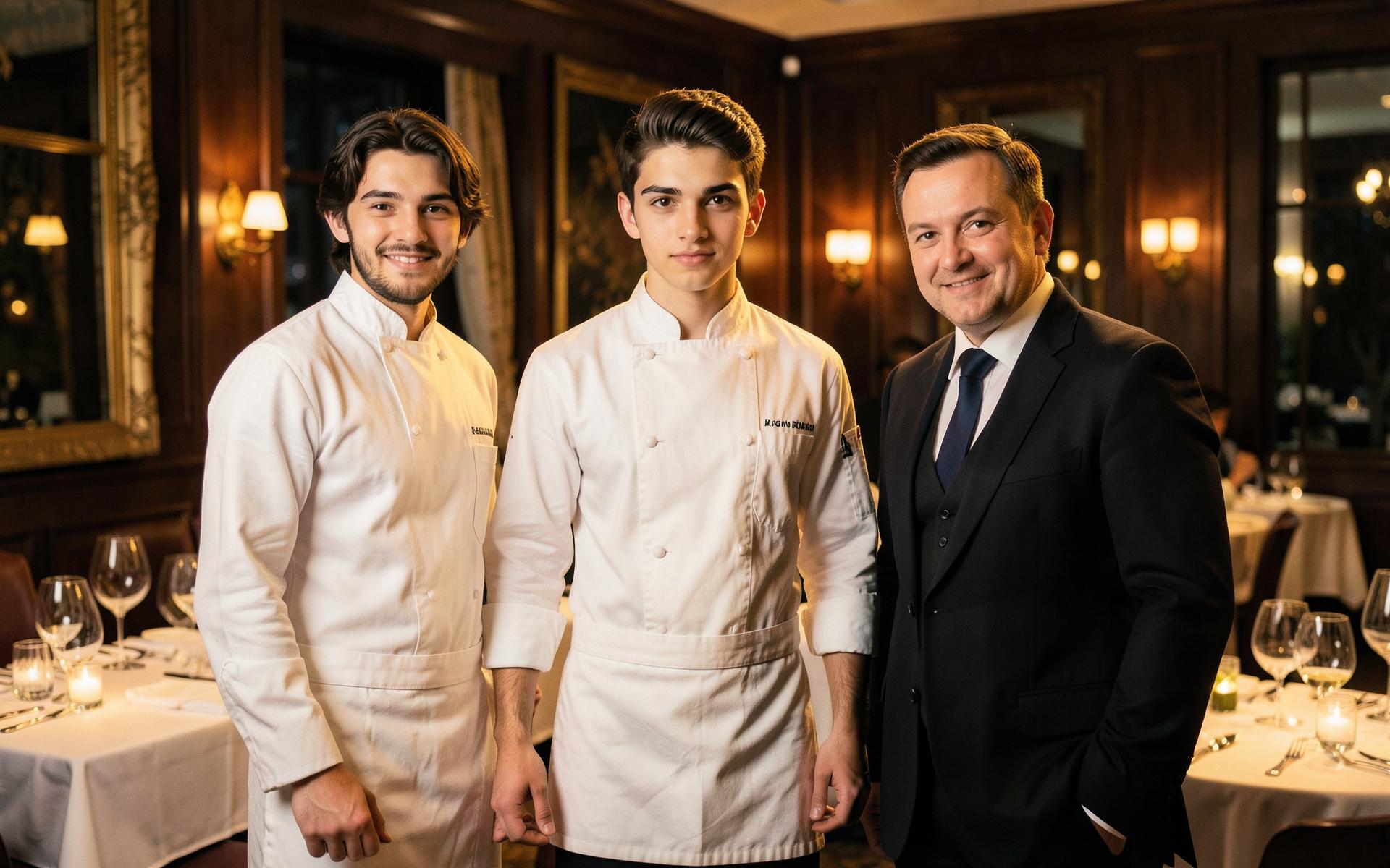 A participant standing between a chef mentor and a hospitality professional in a restaurant dining room