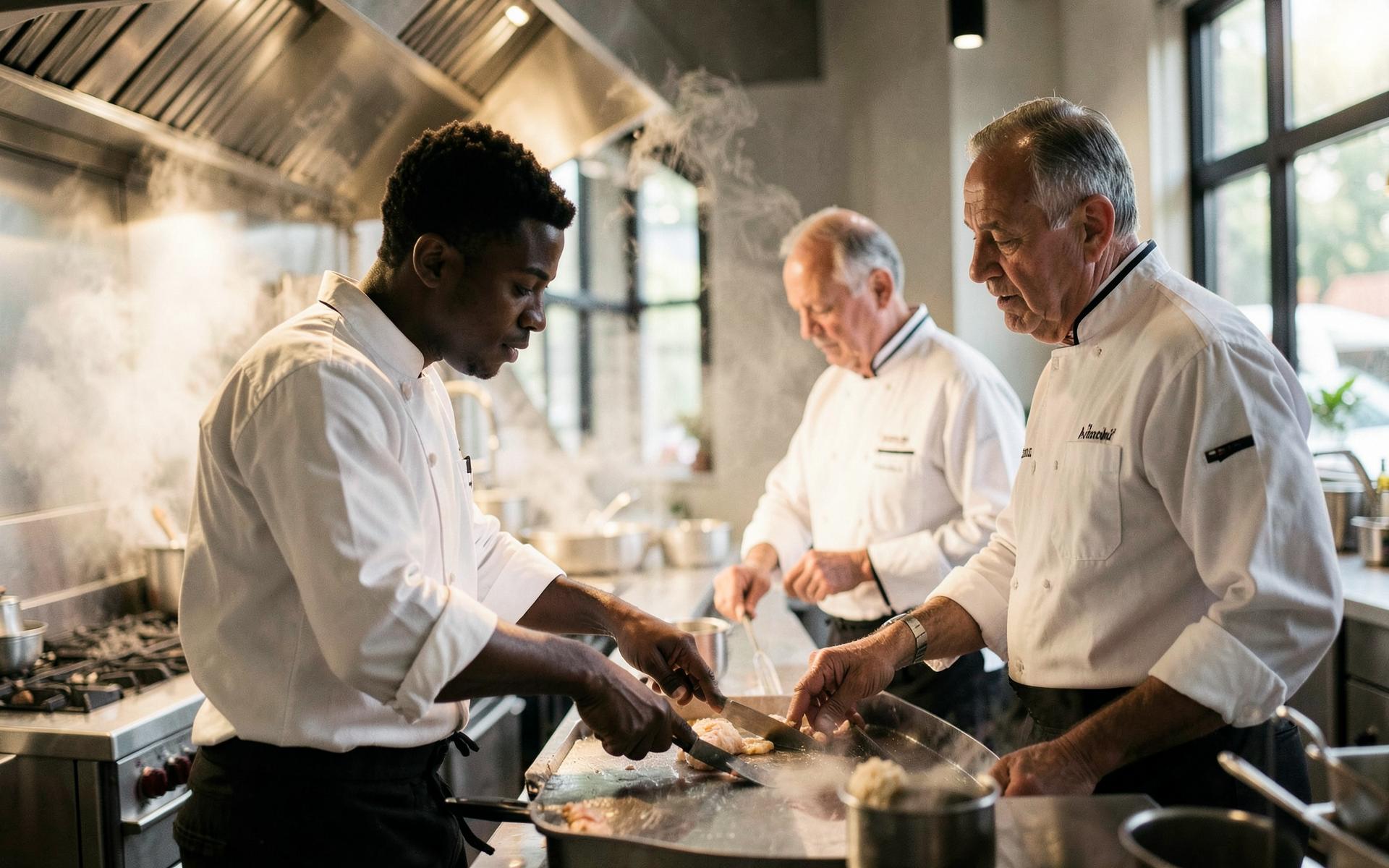 An emerging culinary professional learning beside an accomplished chef mentor
