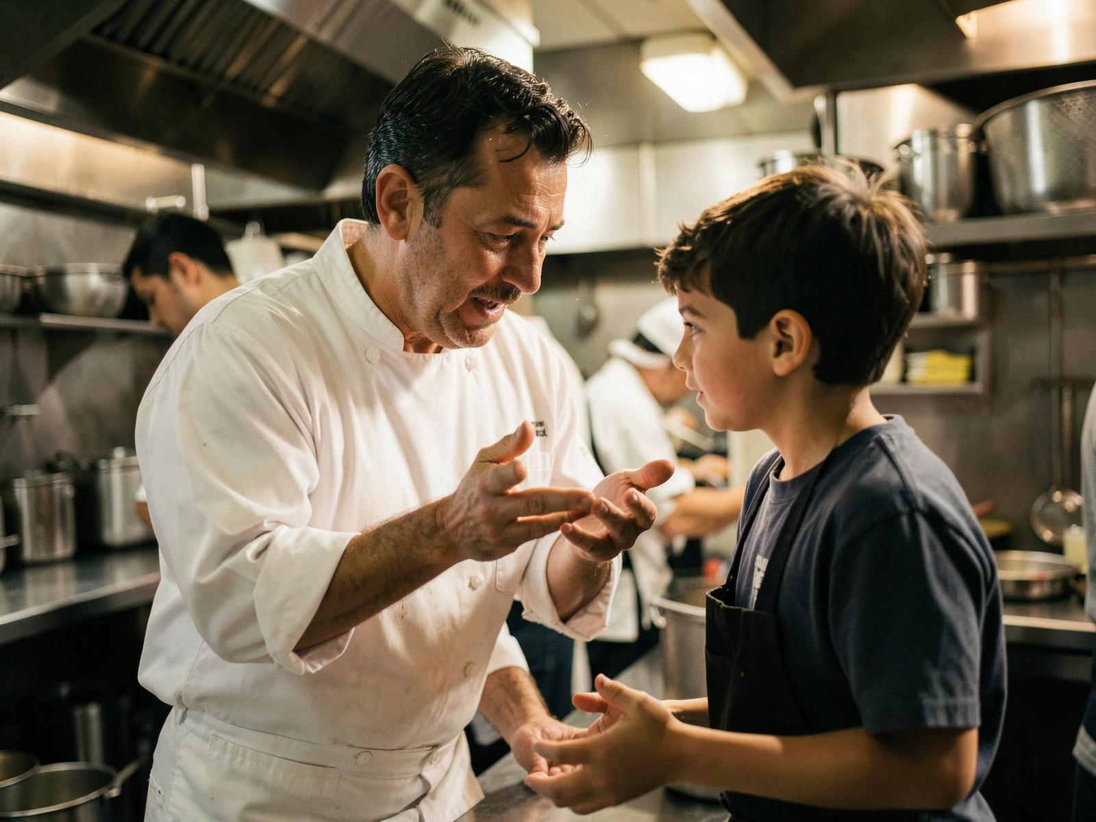 A chef mentor in a white coat talking with a young aspiring cook at the kitchen pass
