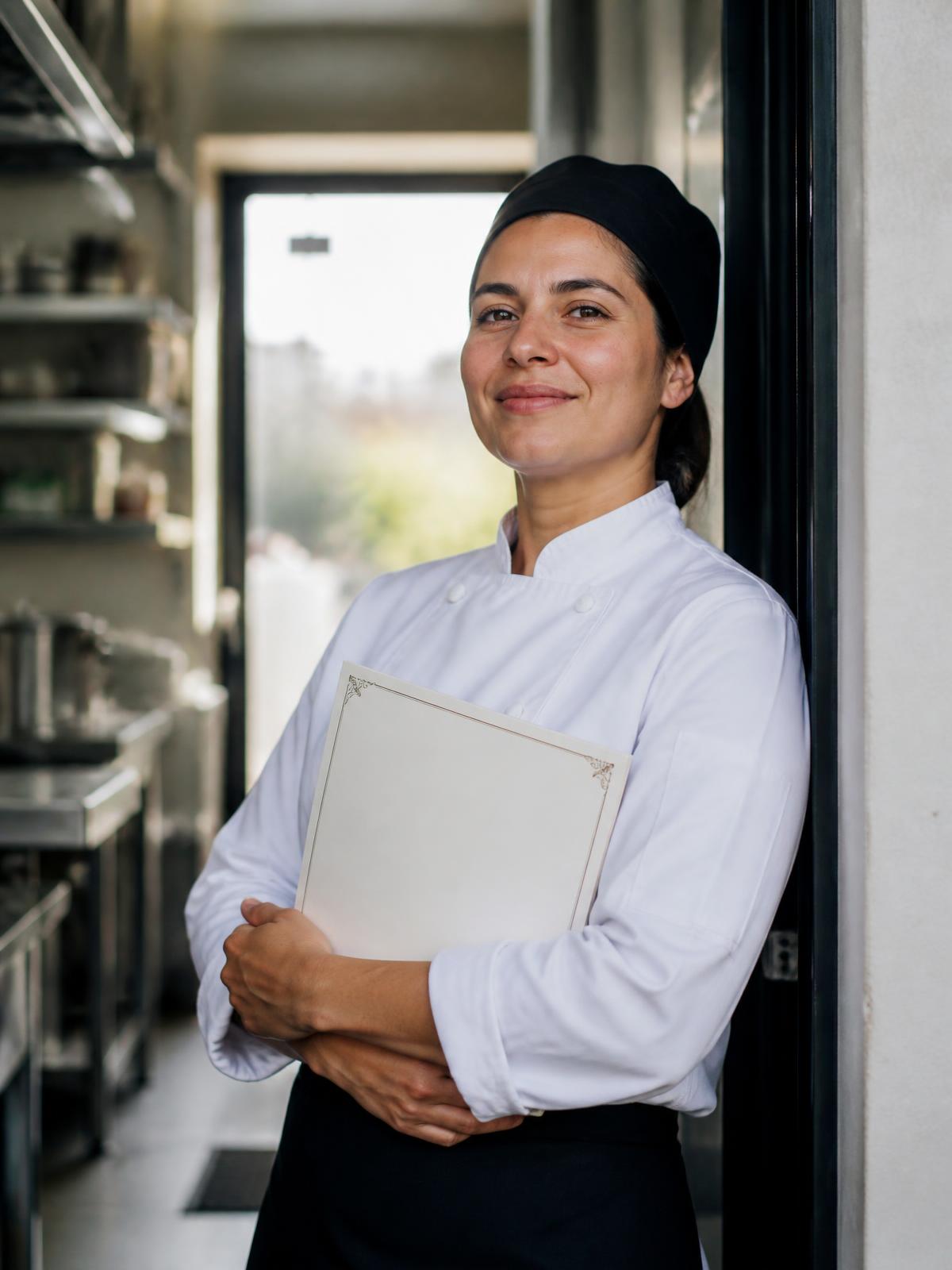 A culinary graduate in a white chef coat holding a certificate
