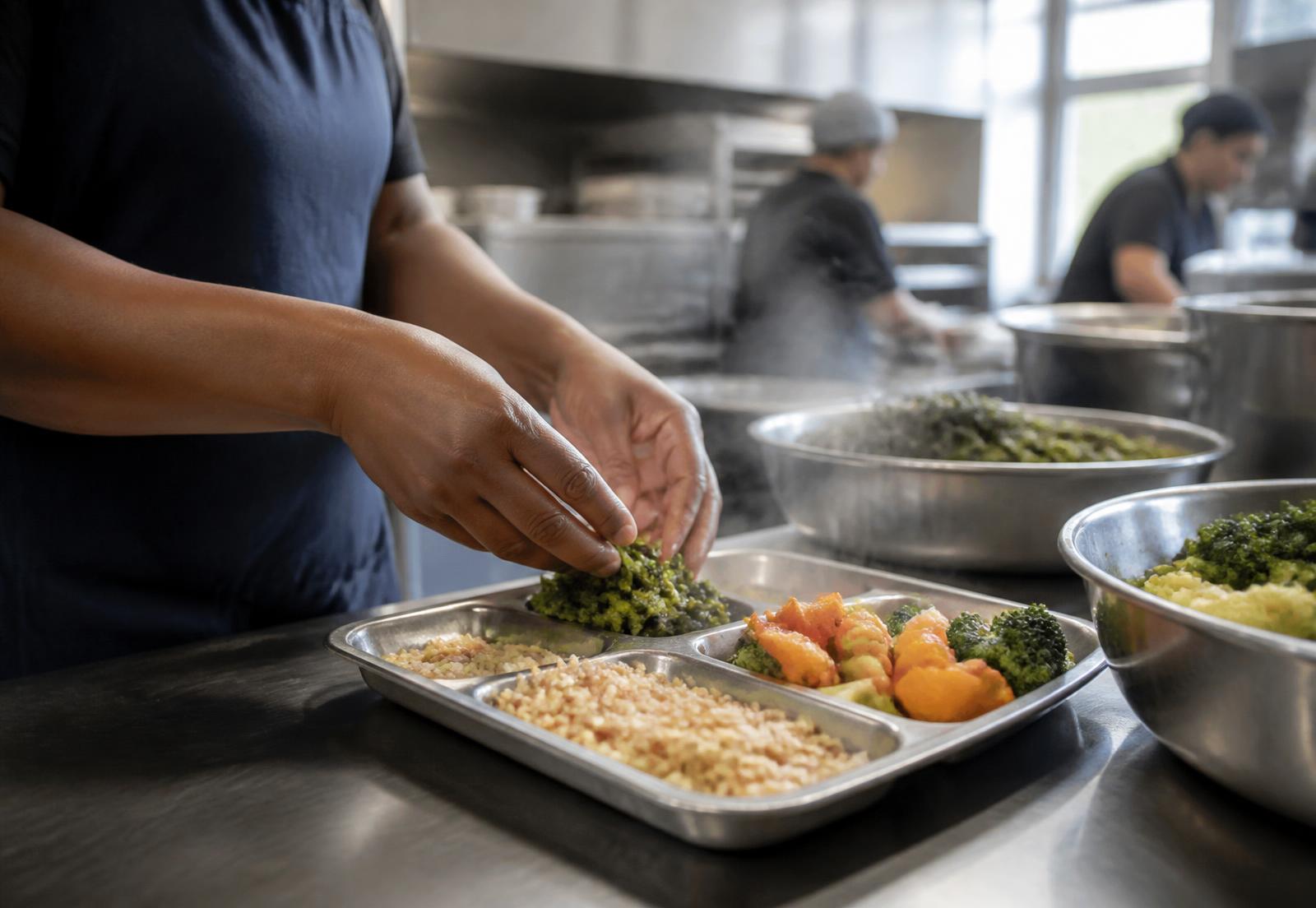 Careful hands plating a freshly prepared, nutritious institutional meal