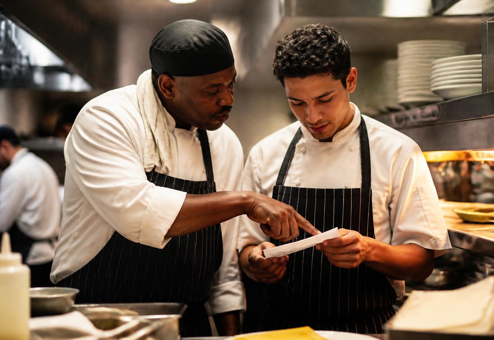 A mentor chef guiding a new cook through service on a restaurant line